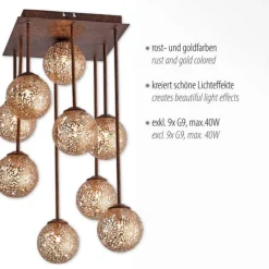 Deckenleuchte, braun-gold, Landhaus-Stil, 9 Spots, lichtdurchlässig, rost