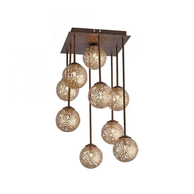 Deckenleuchte, braun-gold, Landhaus-Stil, 9 Spots, lichtdurchlässig, rost