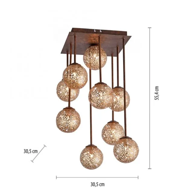 Deckenleuchte, braun-gold, Landhaus-Stil, 9 Spots, lichtdurchlässig, rost