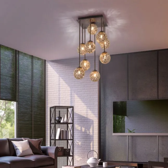 Deckenleuchte, braun-gold, Landhaus-Stil, 9 Spots, lichtdurchlässig, rost