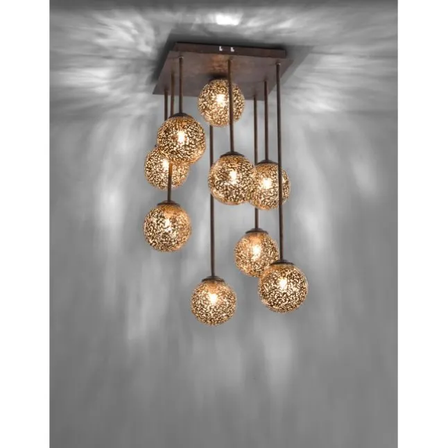 Deckenleuchte, braun-gold, Landhaus-Stil, 9 Spots, lichtdurchlässig, rost