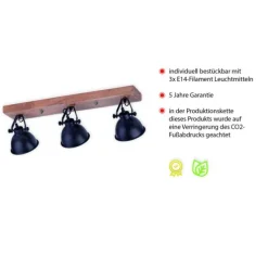 Deckenleuchte, schwarz, 3-flg, Retro-Optik, Vintage Stil, Holzbalken