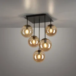 Deckenleuchte, schwarz, Glaskugeln, schlichtes Design, 5-flam.