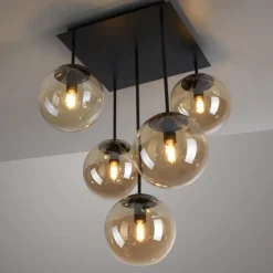 Deckenleuchte, schwarz, Glaskugeln, schlichtes Design, 5-flam.