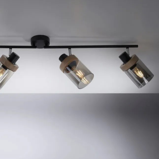 Deckenleuchte, Strahler, Rauchglas, Holz, Robberwood, E27, 4-flammig