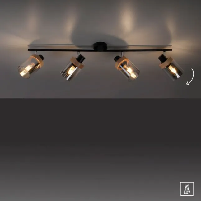 Deckenleuchte, Strahler, Rauchglas, Holz, Robberwood, E27, 4-flammig