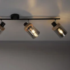 Deckenleuchte, Strahler, Rauchglas, Holz, Robberwood, E27, 4-flammig