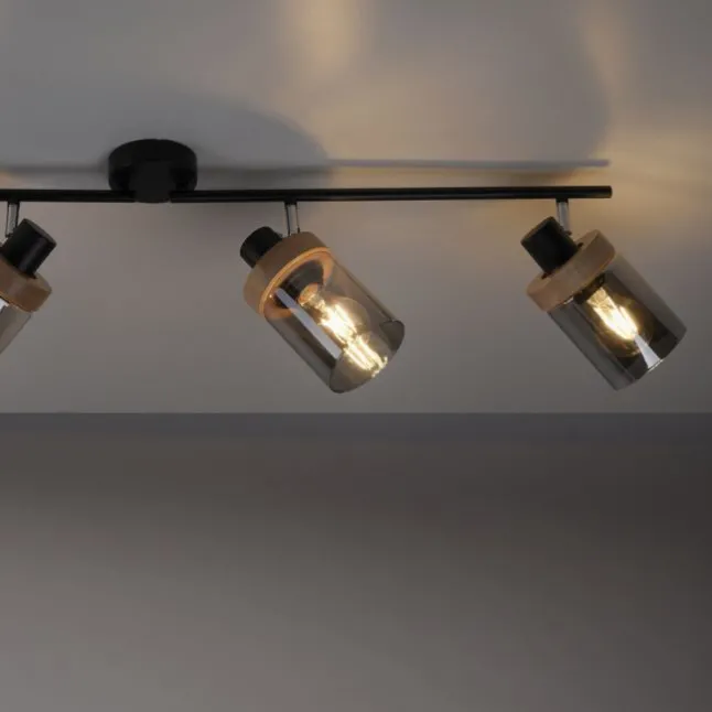 Deckenleuchte, Strahler, Rauchglas, Holz, Robberwood, E27, 4-flammig
