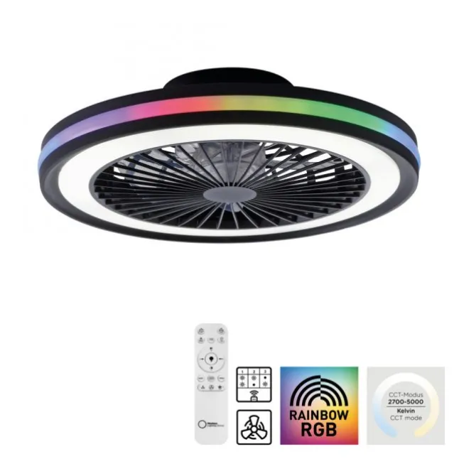 Deckenventilator, Deckenleuchte schwarz, Drehrichtungswechsel mit Rainbow RGB
