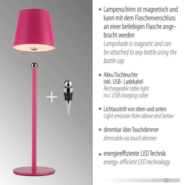 Flaschenleuchte, Akku, mit zusätzlichem Fuß, pink