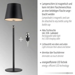 Flaschenleuchte, Akku, mit zusätzlichem Fuß, schwarz