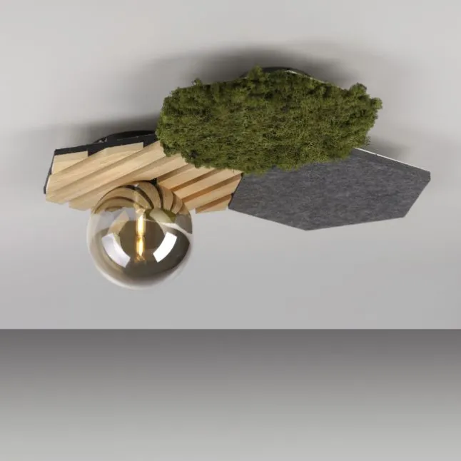 JSUT LIGHT LED Deckenleuchte GERDA HEX Eiche-Echtholzfurnier Akustikpanel Rauchglas