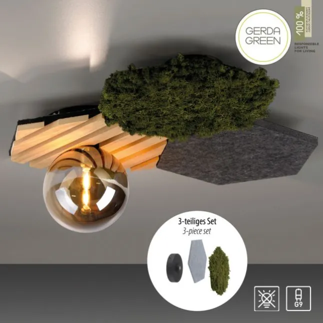 JSUT LIGHT LED Deckenleuchte GERDA HEX Eiche-Echtholzfurnier Akustikpanel Rauchglas