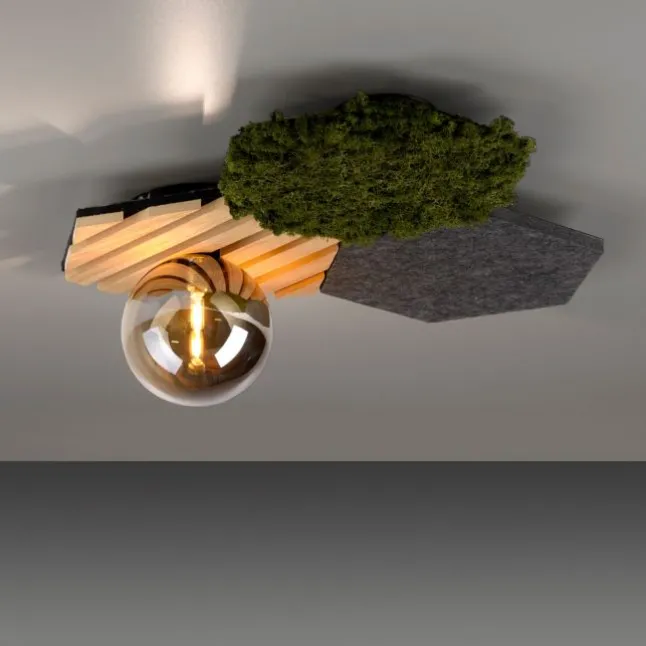 JSUT LIGHT LED Deckenleuchte GERDA HEX Eiche-Echtholzfurnier Akustikpanel Rauchglas