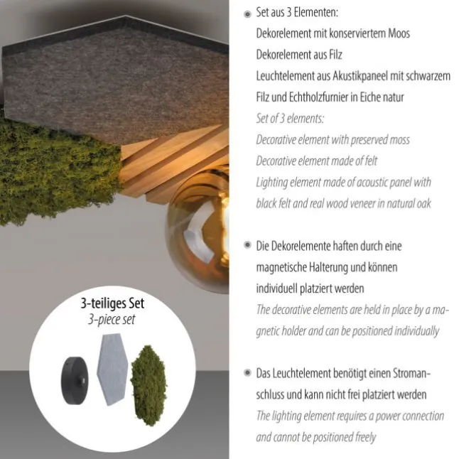 JSUT LIGHT LED Deckenleuchte GERDA HEX Eiche-Echtholzfurnier Akustikpanel Rauchglas