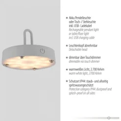 JUST LIGHT Akku Leuchte Gabbia Tisch oder Pendelleuchte, weiß