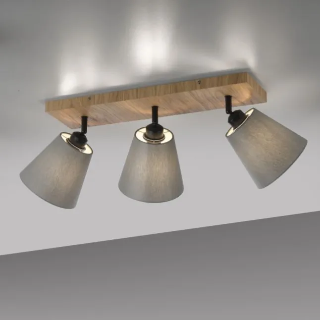 JUST LIGHT LED Deckenleuchte GERDA MICHEL Holz natur 3-flammig Stoffschirm