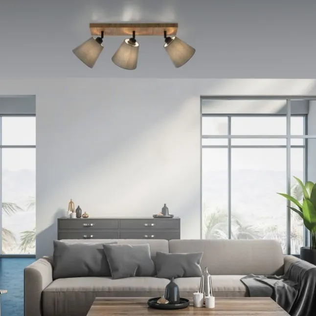 JUST LIGHT LED Deckenleuchte GERDA MICHEL Holz natur 3-flammig Stoffschirm