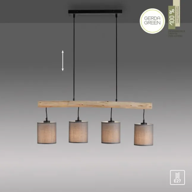 JUST LIGHT LED Pendelleuchte Echtholz GERDA TRIBU 1-flammig Stoffschirm Landhaus