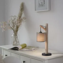 JUST LIGHT LED Tischleuchte Echtholz GERDA TRIBU 1-flammig Stoffschirm
