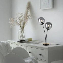 JUST LIGHT LED Tischleuchte Holz GERDA WIDOW rauchfarben Schnurschalter