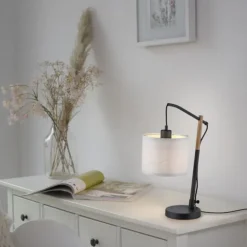 JUST LIGHT LED Tischleuchte schwarz GERDA SOFIE Holzoptik Papierlampenschirm