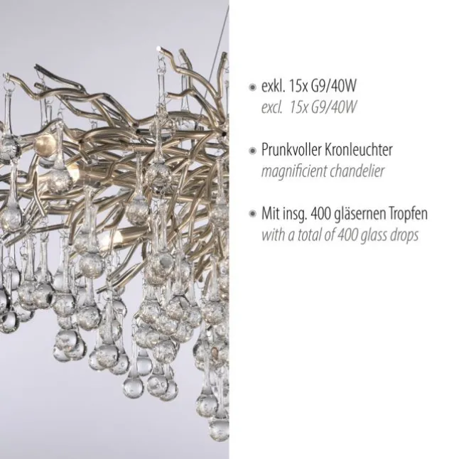 Kronleuchter, silber, elegant, Design, IP20, 400 Glasanhänger