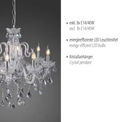 Kronleuchter, Transparent, 8 Leuchtköpfe, Kristallanhänger, E14 Fassung,