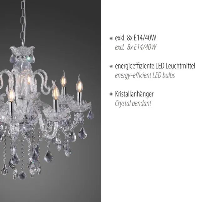 Kronleuchter, Transparent, 8 Leuchtköpfe, Kristallanhänger, E14 Fassung,
