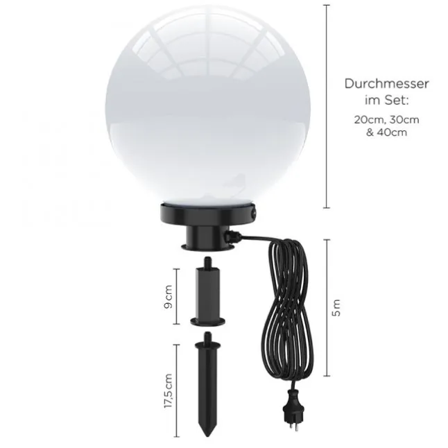 Kugelleuchten, 3er-Set, Ø 20, 30 und 40cm, weiß, IP44, 5m Zuleitung, E27