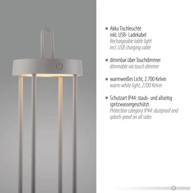 LED Akkulampe Tischleuchte greige 50cm Touchdimmer IP44 Gartenleuchte