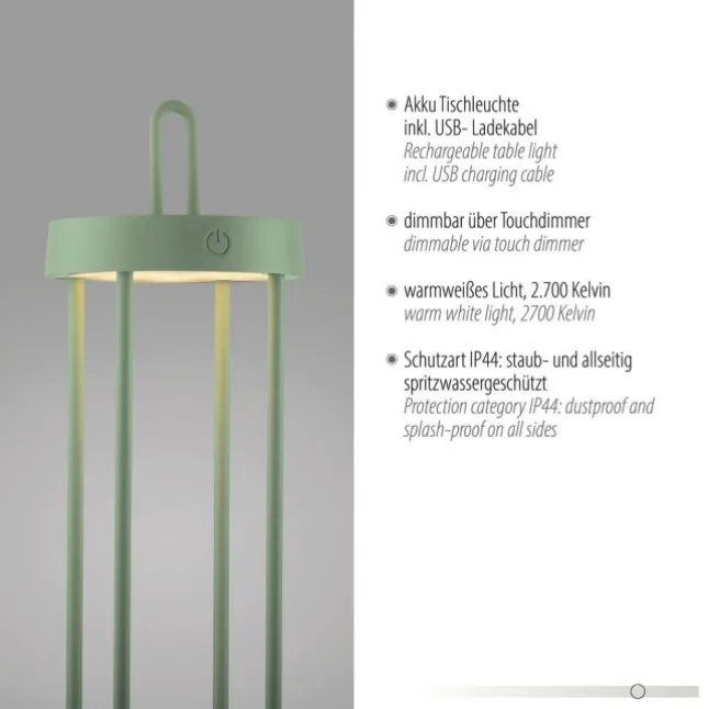 LED Akkulampe Tischleuchte grün 50cm Touchdimmer IP44 Gartenleuchte