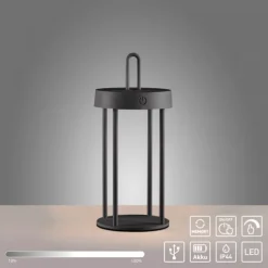 LED Akkulampe Tischleuchte schwarz 28cm Touchdimmer IP44 Gartenleuchte