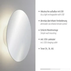 LED Akkuleuchte AKKU 25cm chrom Timerfunktion USB dimmbar