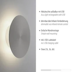 LED Akkuleuchte AKKU 18cm grau Timerfunktion USB dimmbar