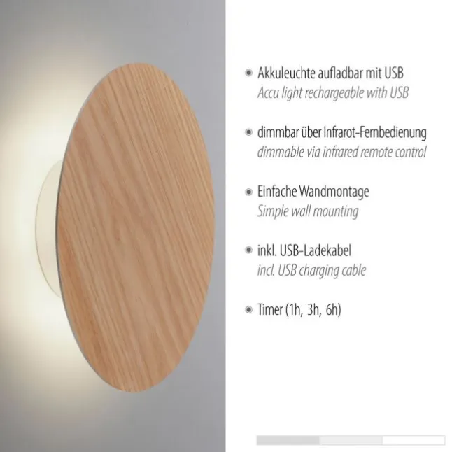 LED Akkuleuchte AKKU 25cm Holz Natur Timerfunktion USB dimmbar