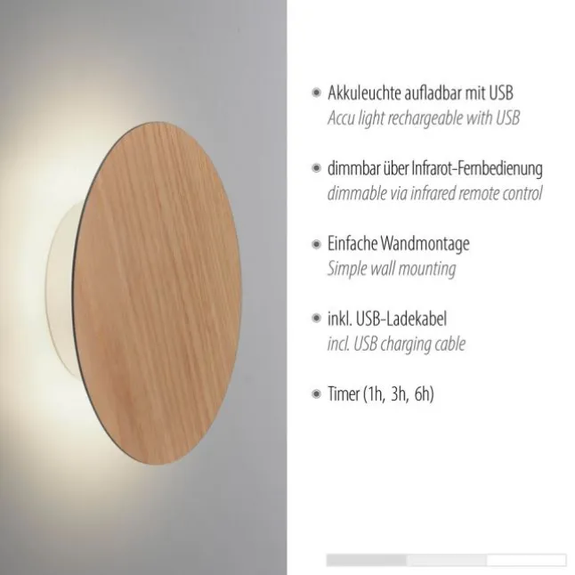 LED Akkuleuchte AKKU 18cm Holz Natur Timerfunktion USB dimmbar