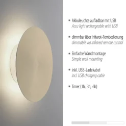 LED Akkuleuchte AKKU 18cm messing matt Timerfunktion USB dimmbar