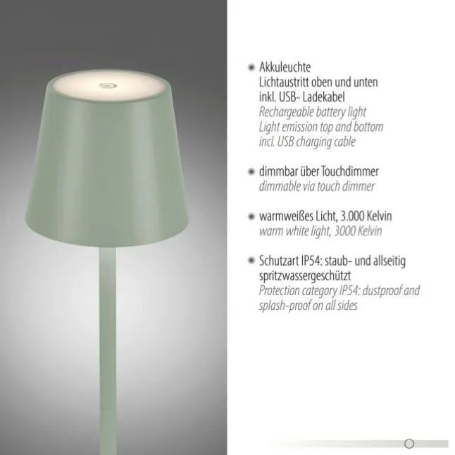 LED Akkuleuchte grün Steh- und Tischleuchte Touchdimmer IP54 Außenbereich