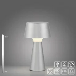 LED Akkuleuchte Tischleuchte silber Touchdimmer IP54 USB Innen-Außenbereich