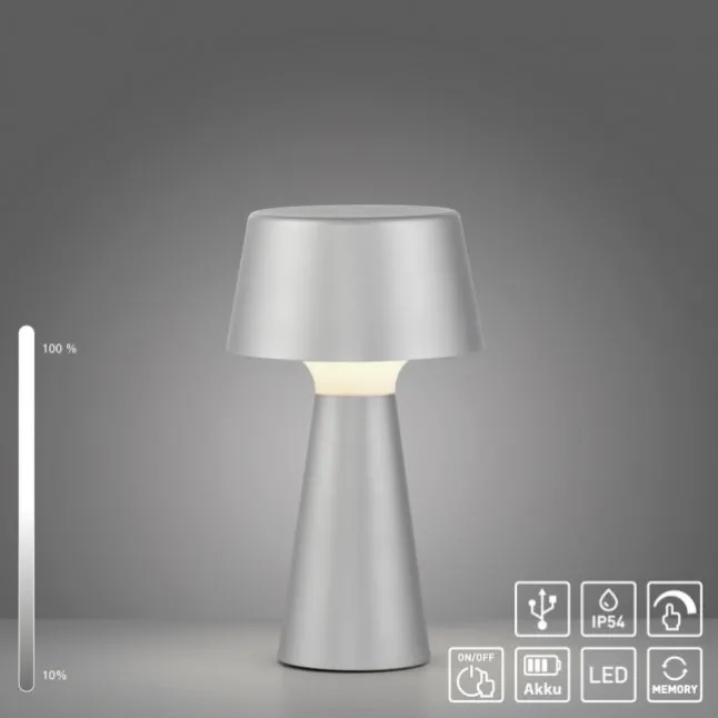 LED Akkuleuchte Tischleuchte silber Touchdimmer IP54 USB Innen-Außenbereich