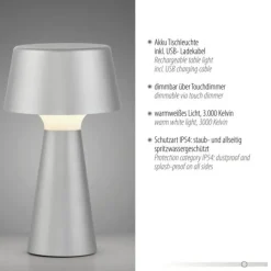 LED Akkuleuchte Tischleuchte silber Touchdimmer IP54 USB Innen-Außenbereich