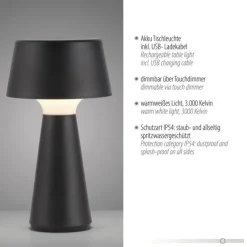 LED Akkuleuchte Tischleuchte schwarz Touchdimmer IP54 USB Innen-Außenbereich