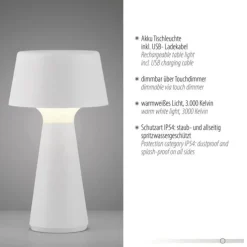 LED Akkuleuchte Tischleuchte weiß Touchdimmer IP54 USB Innen-Außenbereich