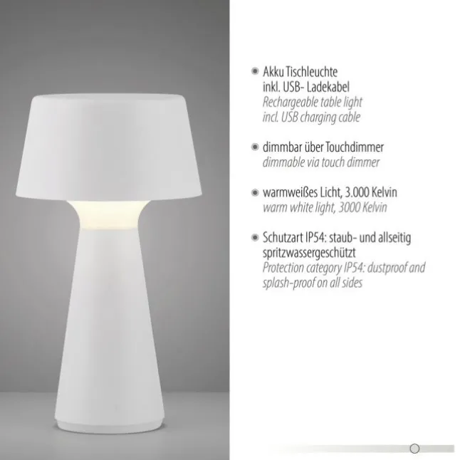 LED Akkuleuchte Tischleuchte weiß Touchdimmer IP54 USB Innen-Außenbereich