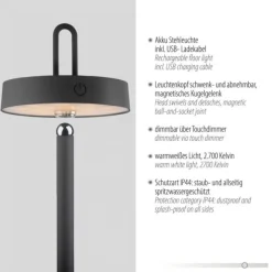 LED Akku Stehlampe schwarz dimmbar per Touch IP44 Memoryfunktion