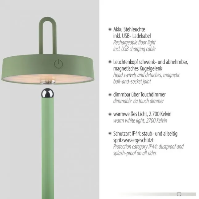 LED Akku Stehleuchte grün Touchdimmer IP44 Innenbereich Garten
