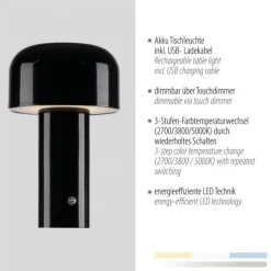 LED Akku Tischleuchte schwarz Pilzform dimmbar per Touch USB