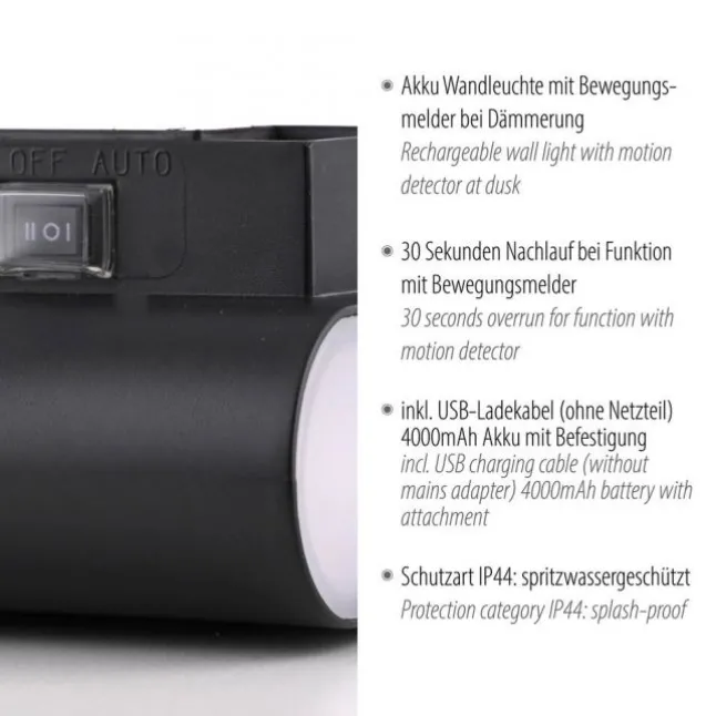 LED Akku Wandleuchte AKKU-ZIDDY, schwarz, Bewegungsmelder, aufladbar