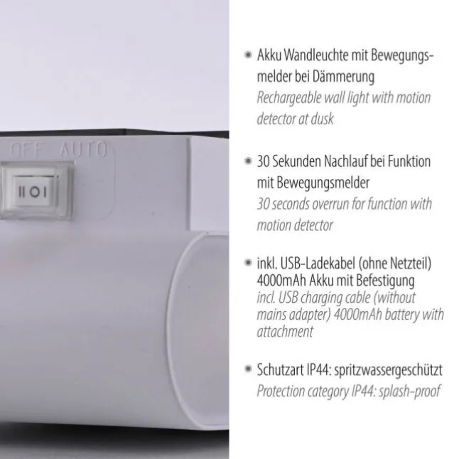 LED Akku Wandleuchte AKKU-ZIDDY, weiss, IP44, aufladbar, Bewegungsmelder